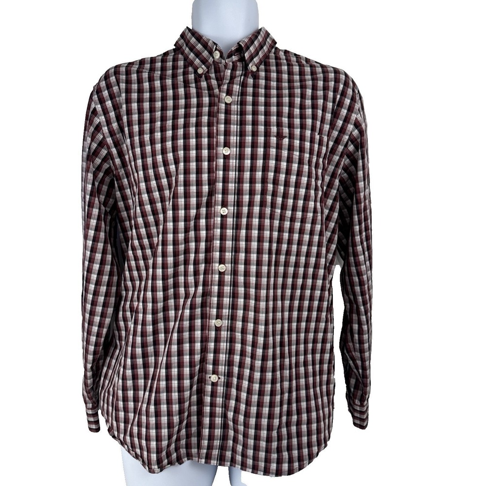 Dockers Button Down Shirt Men Large Maroon White Plaid Long Sleeve Pocket Cotton